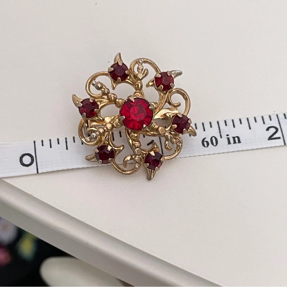 Vintage 40's CORO Red Rhinestone Holiday Christmas Abstract Regency Pin / Brooch